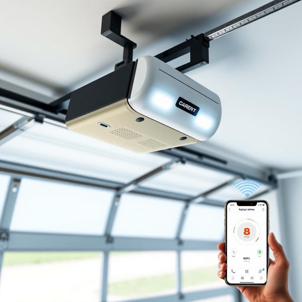 Smart garage door control app on smartphone showing door status and controls
