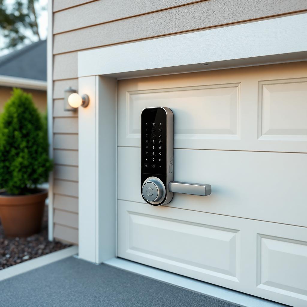 Homeowner inspecting garage door tracks and hardware for maintenance