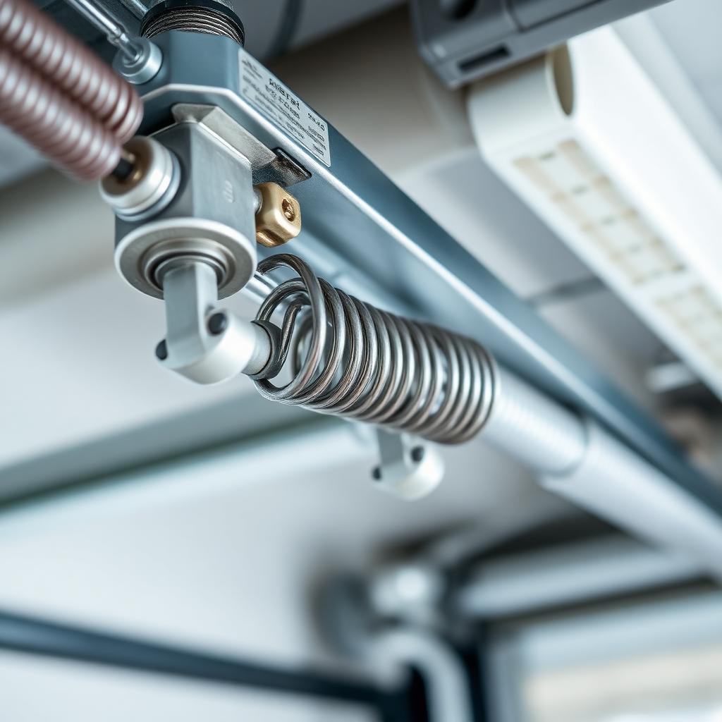 Professional technician replacing garage door torsion springs safely
