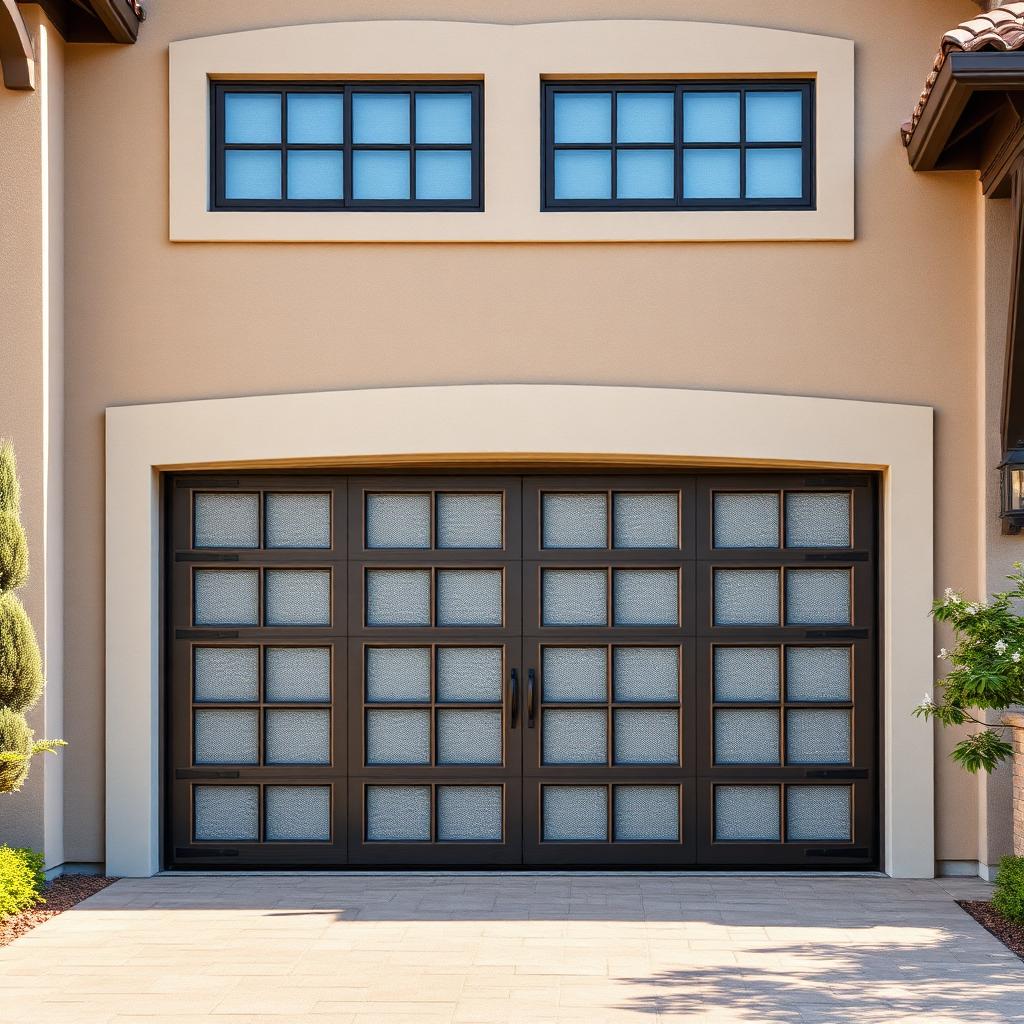 Asian inspired garage door with frosted glass panels residential installation