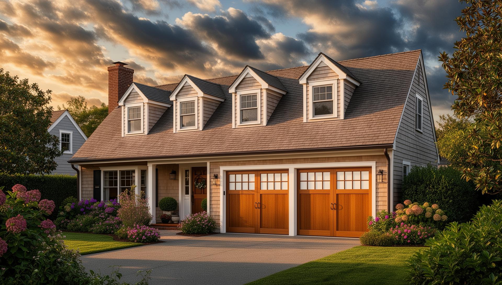 Beautiful Cape Cod cottage with Asian-inspired garage doors featuring shoji screen panels